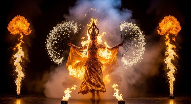 A captivating fire performer dances amidst dramatic flames and sparklers, creating an awe-inspiring spectacle of light and motion.