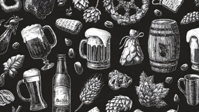 Hand-Drawn Beer and Hop Pattern