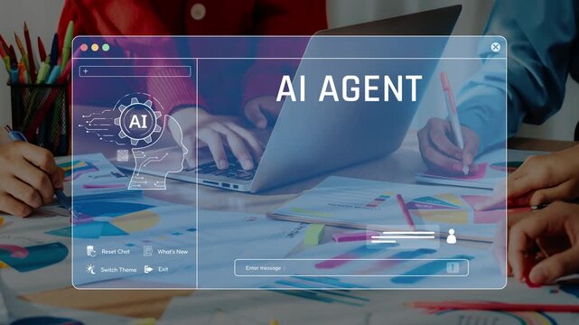 This image showcases a modern collaborative workspace featuring an AI agent on a laptop, symbolizing advanced communication and productivity in a business setting. Raster