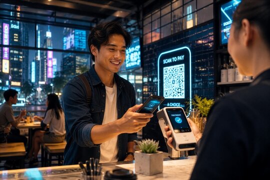 Smiling young Asian man making a contactless digital payment with smartphone at cafe counter