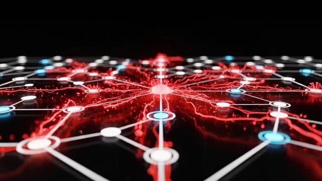 A glowing red node in a network of interconnected white and blue nodes on a black background