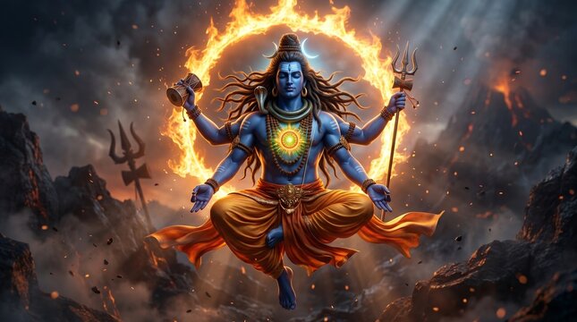 Lord Shiva meditating in ring of fire with trishul and damru