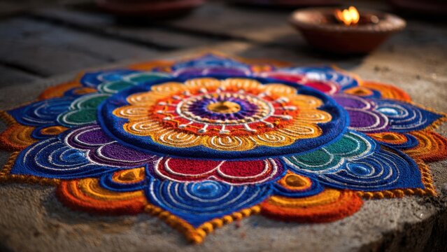 Vibrant Kolam Rangoli Art on Stone Floor