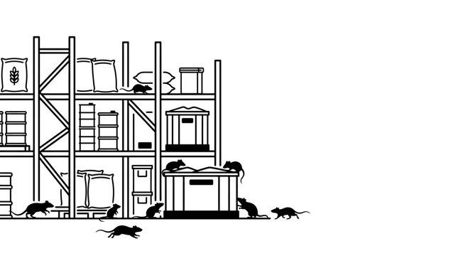 Black and white illustration of rats infesting a warehouse storage shelving unit.
