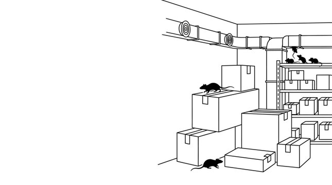 Black and white illustration of rats infesting a storage room with cardboard boxes.
