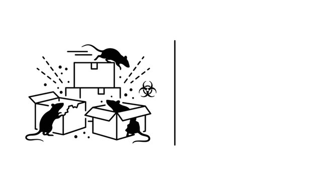 Black and white illustration of rats invading cardboard boxes.
