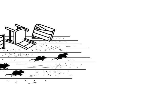 Black and white illustration of several mice crawling on a wooden floor.