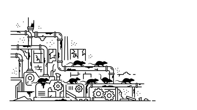 Black and white line art illustration featuring mice crawling over industrial factory machinery and pipes.