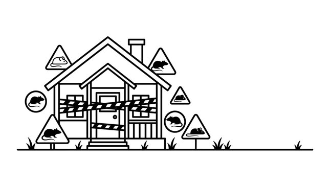 Black and white line art illustration of a house infested with rodents and marked with warning signs.
