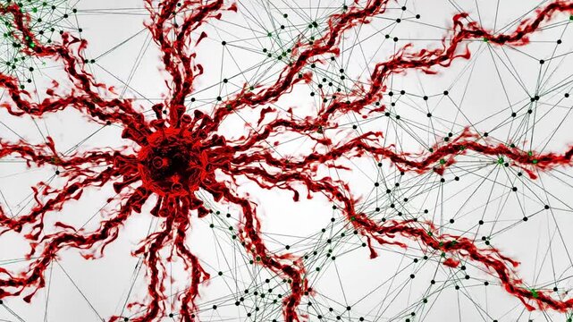 A red neuron-like structure connected to a network of green lines and dots on a white background
