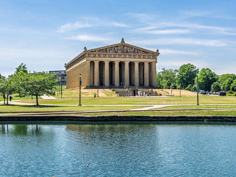 Replica of the Parthenon as seen from across Lake Watauga in Centennial Park in Nashville, Tennessee, near Vanderbilt University.