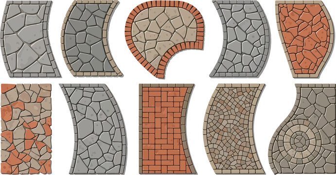 Set of stone and brick paving path segments with various textures for landscape design and garden architecture