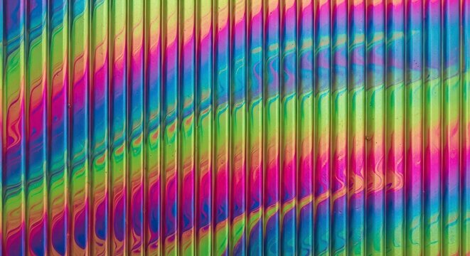 A vibrant, multicolored abstract design featuring a series of vertical striations and swirling patterns.