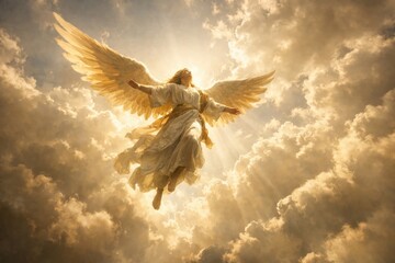 Obraz premium Heavenly angel amidst glowing clouds.