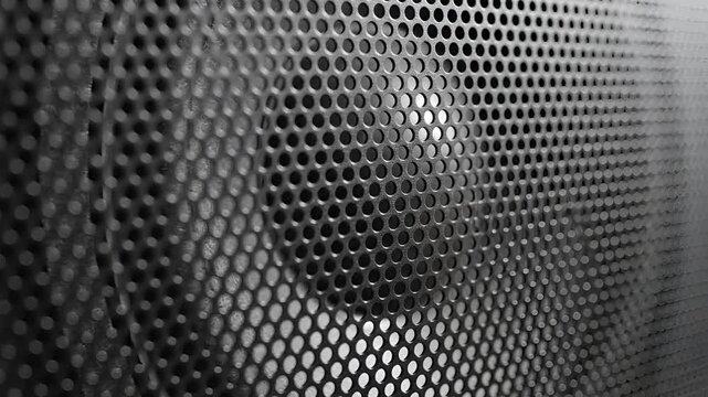 Closeup of a speaker grille with a woofer visible behind it.