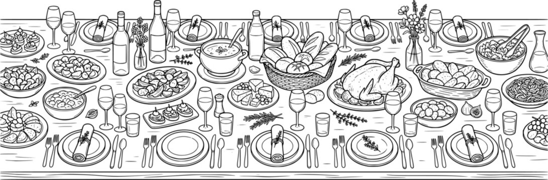 Elegant Banquet Table Line Art Illustration Featuring Roast Chicken, Bread, Fruit, Wine Bottles, Floral Centerpieces, Plates, Cutlery, and Festive Dinner Setting