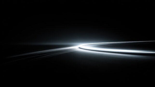 Glowing white light streaks curve across a dark background suggesting rapid motion