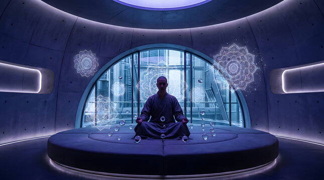 Meditating man in a futuristic room with holographic mandalas, serene and calm.