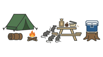Camping scene illustration with tent campfire and mice stealing food. © alfan fikri