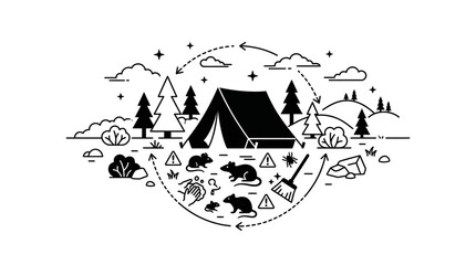 Camping tent surrounded by rats and pest control tools in a forest setting. © alfan fikri