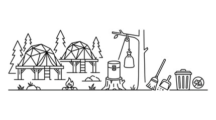 Camping site with geodesic dome tents and cleaning equipment line art illustration. © alfan fikri