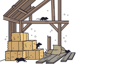 Cartoon illustration of rats living in a wooden barn. © alfan fikri