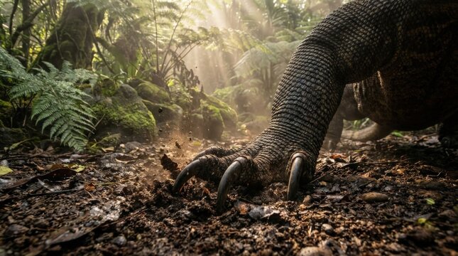 A powerful Komodo dragon, showcasing its sharp claws digging into the rich tropical forest earth in a high resolution cinematic widescreen capture of a majestic reptile in its wild native habitat.