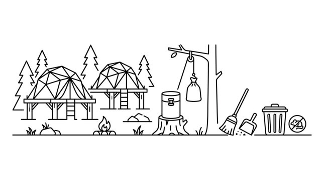 Camping site with geodesic dome tents and cleaning equipment line art illustration.