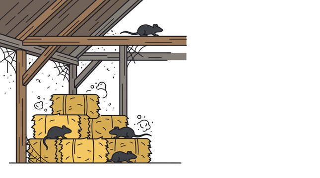 Cartoon illustration of a group of rats infesting a stack of hay bales.