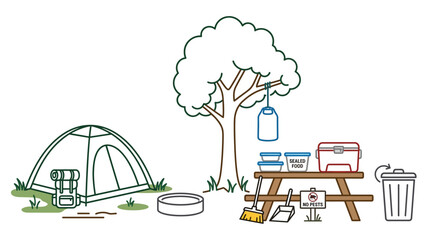 Doodle illustration of a camping scene with a tent and picnic table. © alfan fikri