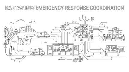Obraz premium Emergency response coordination process infographic with medical team and ambulance sketch.