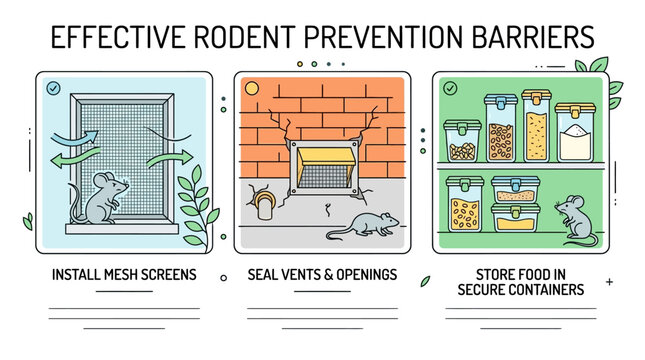 Effective Rodent Prevention Barriers Infographic Showing Pest Control Methods.
