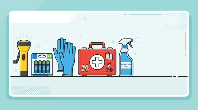 Emergency Preparedness Kit Essentials Including First Aid Supplies And Tools.