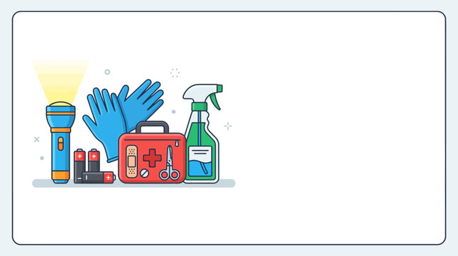 Emergency Preparedness Kit Essentials with Flashlight First Aid and Cleaning Supplies.