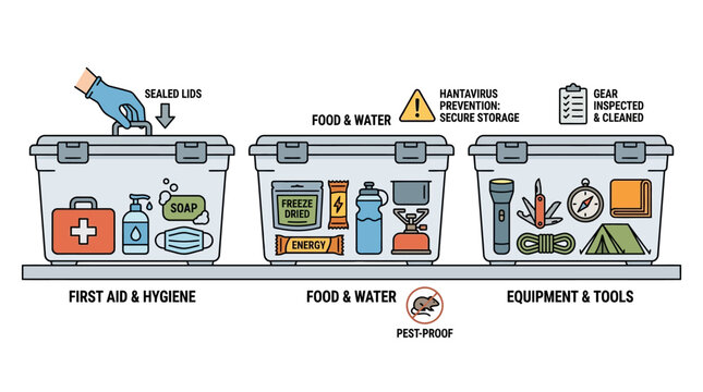 Emergency survival kits with first aid food water and equipment.