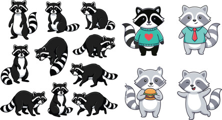 Cute raccoon cartoon character vector illustration set with striped tail burger shirt and sweater © MdRobiul
