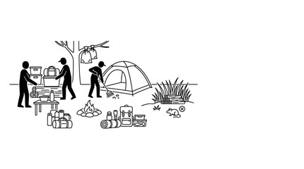 Fototapeta premium Group of People Setting Up a Campsite Illustration.