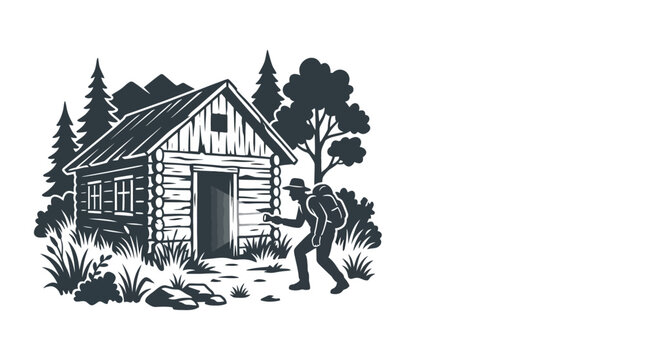 Graphic illustration of a hiker arriving at a rustic wooden log cabin in the forest.