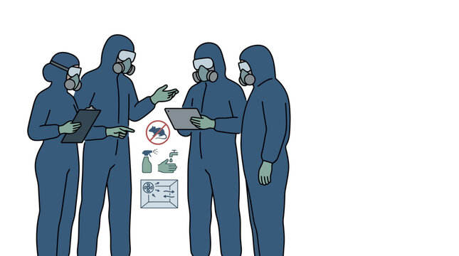 Group of scientists in protective hazmat suits working together.