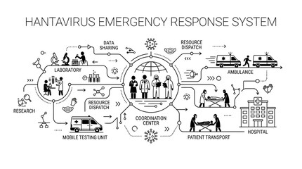 Hantavirus emergency response system infographic with medical team and transport. © alfan fikri