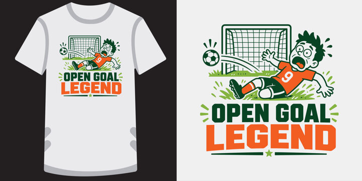 Soccer player missing open goal illustration for funny sports themed apparel print design.