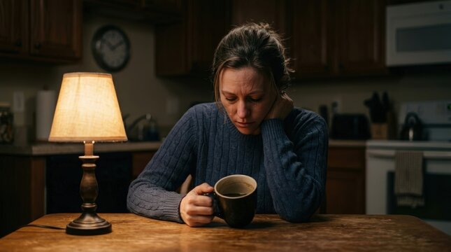 Sad mom sitting alone in a dark kitchen with a cup of coffee