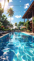 Obraz premium Luxurious Tropical Resort Swimming Pool with Palm Trees and Clear Blue Sky.