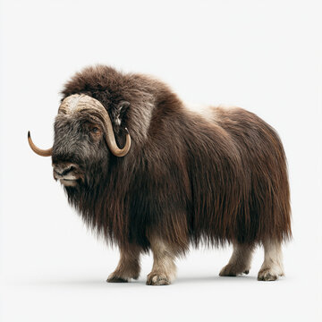 A large musk ox with thick brown fur stands and looks forward against a plain white background