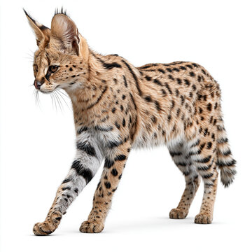 A beautiful serval cat with spotted fur standing and looking to the side on a white background