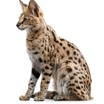 A beautiful spotted serval cat sits quietly and looks to the side on a white background