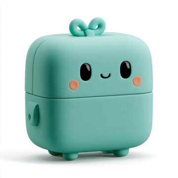 Kawaii lunchbox character features a soft teal body, big eyes, and rosy cheeks on a white background, showcasing a fun character design.