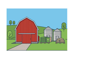 Illustration of a traditional red barn with grain silos on a farm. © alfan fikri