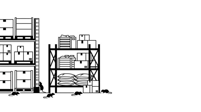 Illustration of a warehouse infested with rodents around storage shelves.
