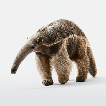 A giant anteater walks slowly across a clean white studio background